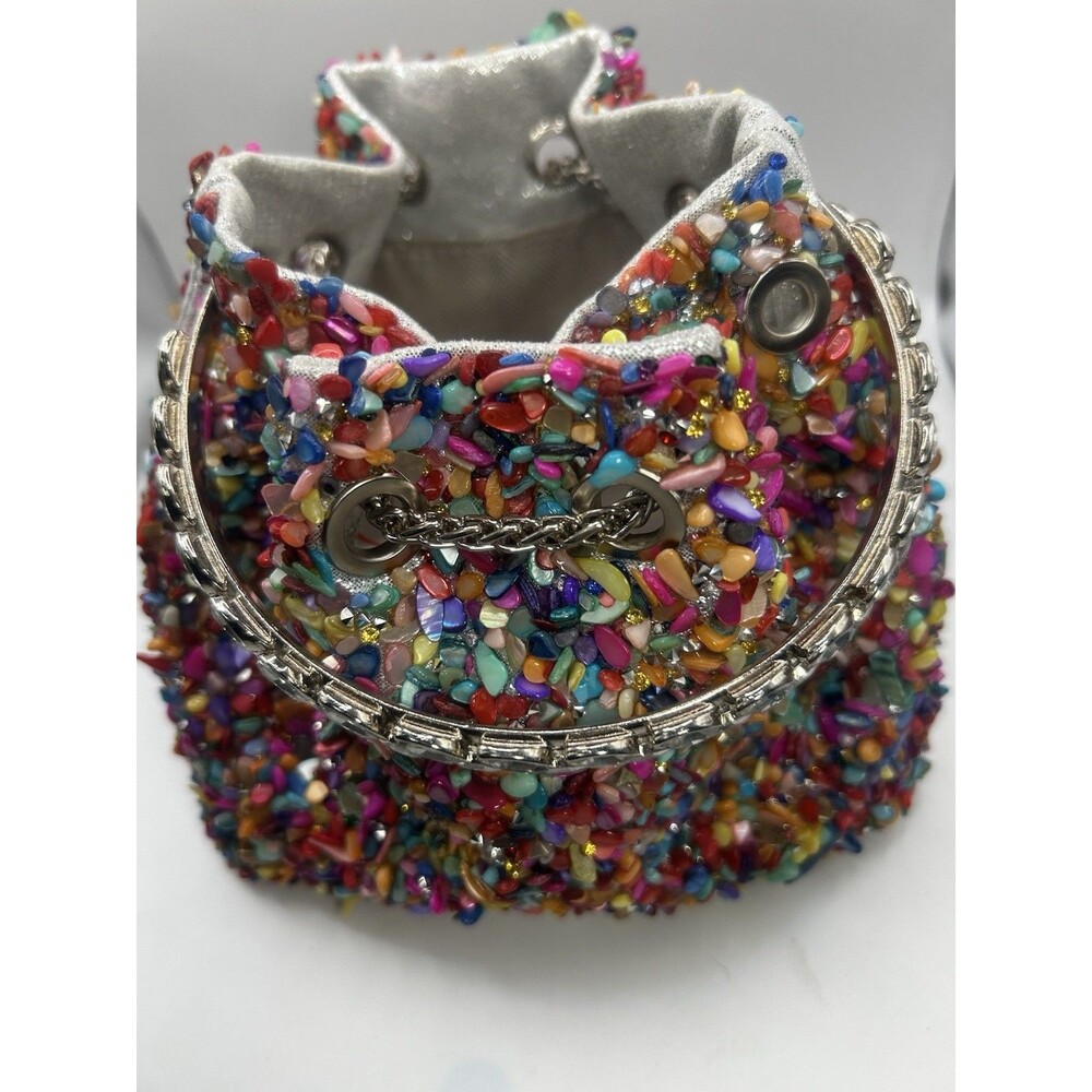 Multicolor Rhinestone Top Handle Mini Bag Chain Strap Drawstring Evening Purse - Picture 4 of 8
